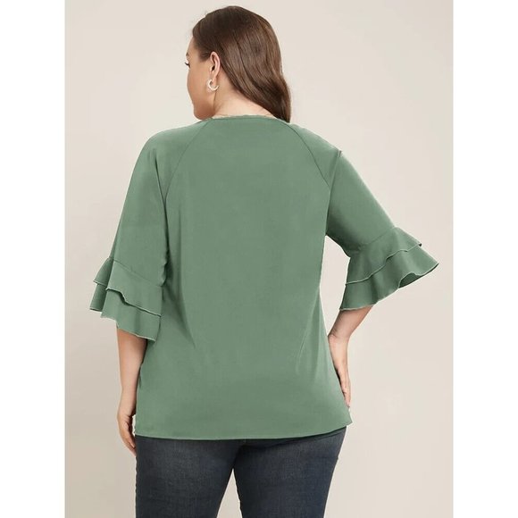Bloomchic Womens Plain Ruffle Tiered Round Neck Blouse Green 12 - Picture 2 of 6
